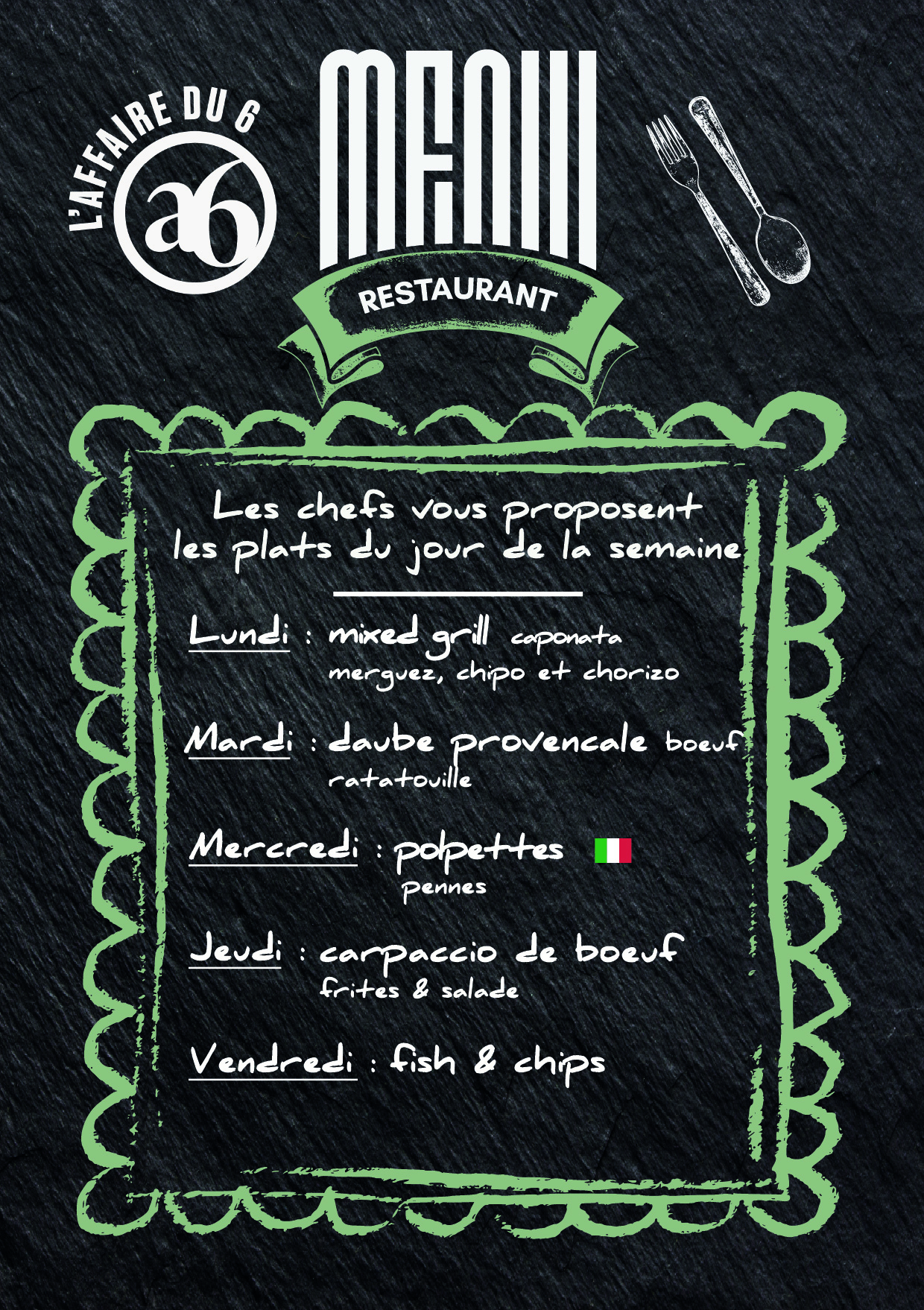 Visuel plats du jour de L'affaire du 6